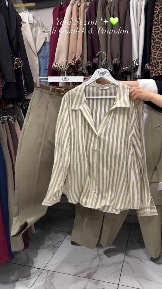 Classic Striped Shirt & Tailored Trouser Set – Available in Beige, Chocolate & Wine