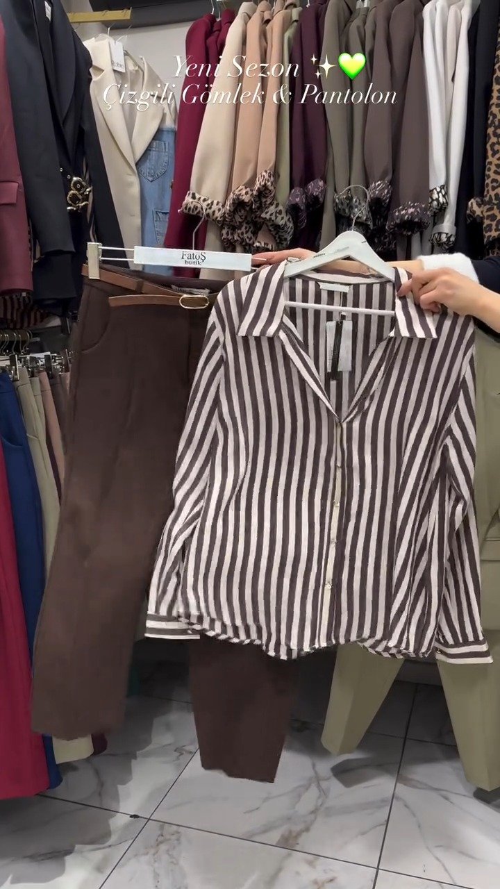 Classic Striped Shirt & Tailored Trouser Set – Available in Beige, Chocolate & Wine