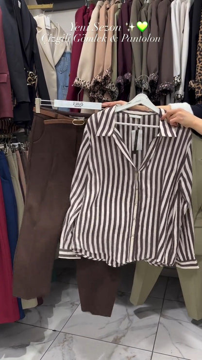 Classic Striped Shirt & Tailored Trouser Set – Available in Beige, Chocolate & Wine