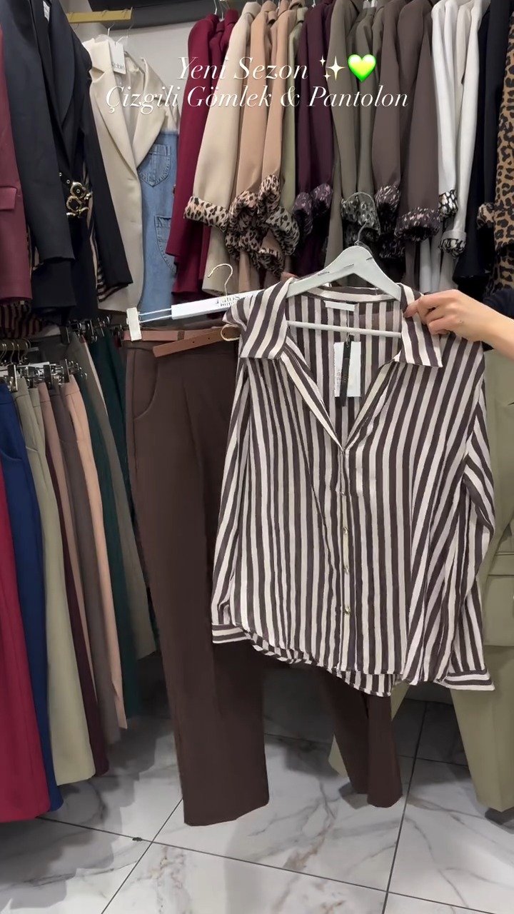 Classic Striped Shirt & Tailored Trouser Set – Available in Beige, Chocolate & Wine