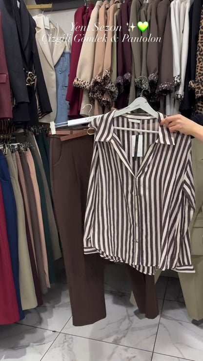 Classic Striped Shirt & Tailored Trouser Set – Available in Beige, Chocolate & Wine
