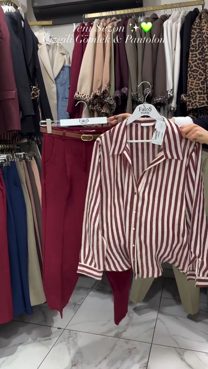Classic Striped Shirt & Tailored Trouser Set – Available in Beige, Chocolate & Wine