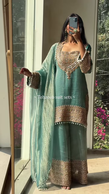 Elegant Olive Green Embroidered Ethnic Suit with Golden Accents