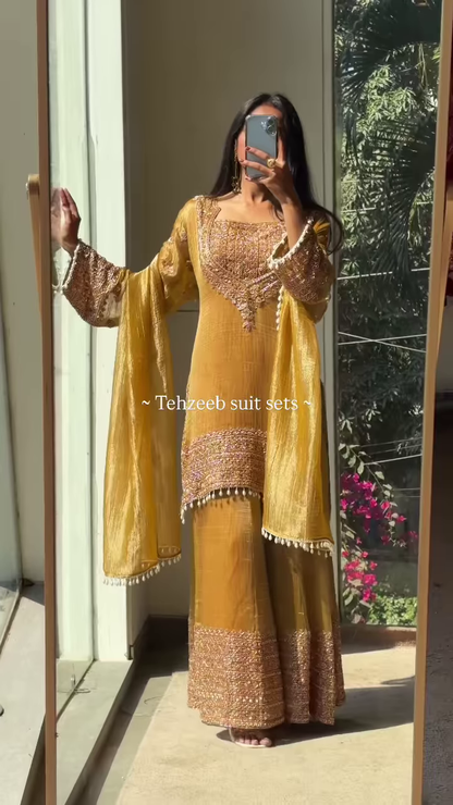 Elegant Olive Green Embroidered Ethnic Suit with Golden Accents