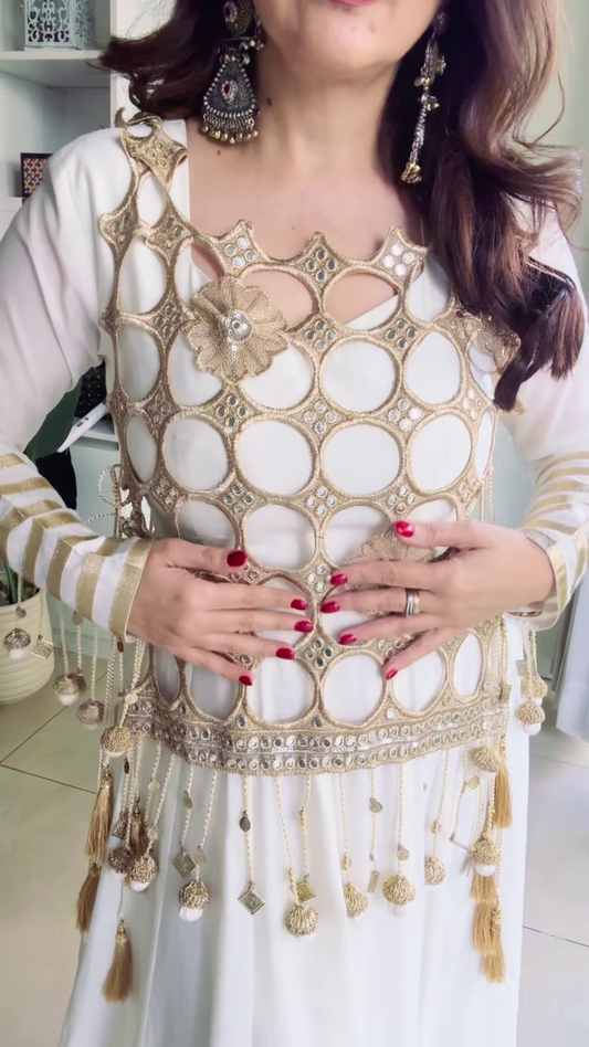 Handcrafted Geometric Mirror Work Waistcoat with Tassel Detail