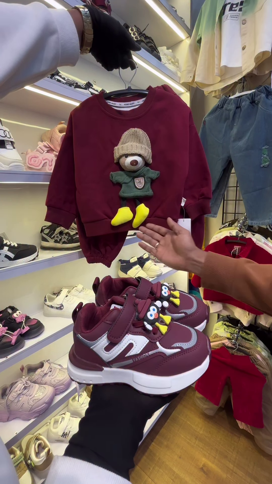 Children’s Burgundy Teddy Bear Sweatshirt and Matching Sneakers