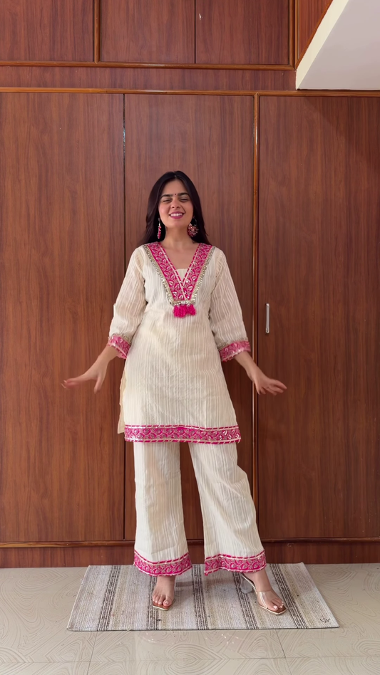 White Cotton Embroidered Kurta Set with Pink Accents