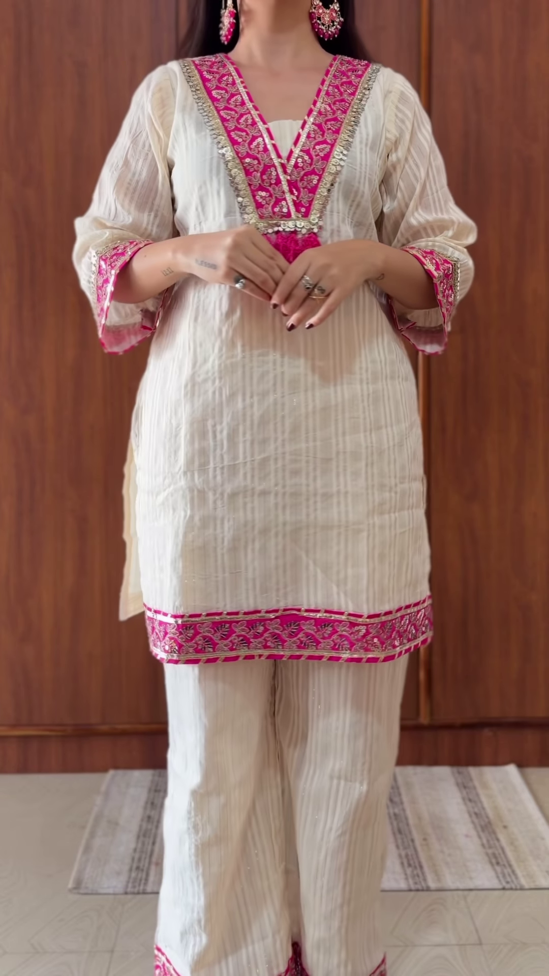 White Cotton Embroidered Kurta Set with Pink Accents