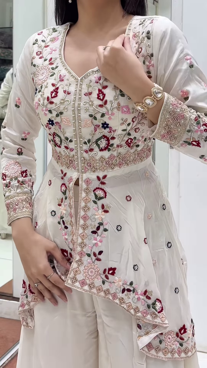 White Floral Embroidered Front-Slit Ethnic Suit