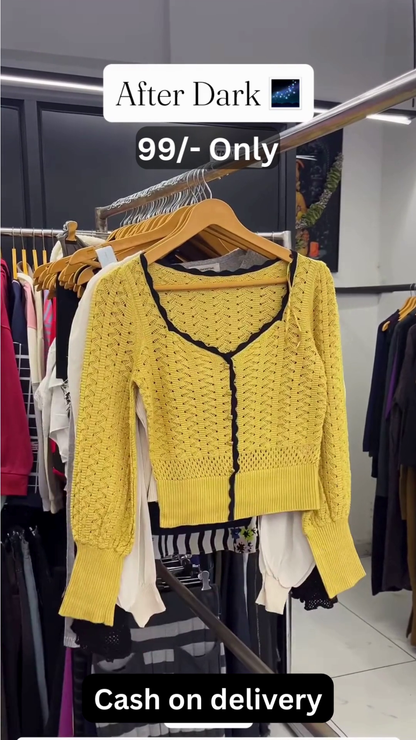 Soft Yellow V-Neck Cardigan with Floral Applique Accents