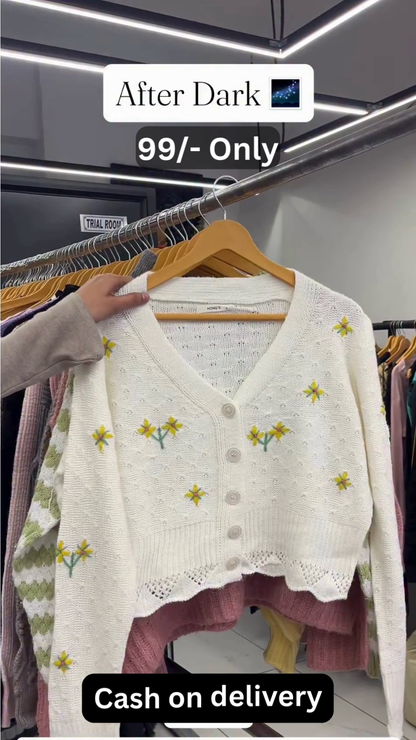 Soft Yellow V-Neck Cardigan with Floral Applique Accents