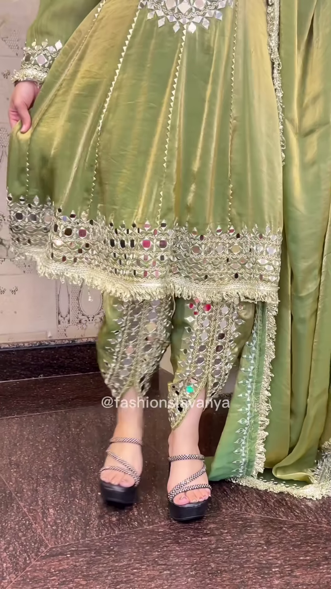 Regal Olive Green Silk Anarkali with Heavy Mirror Work