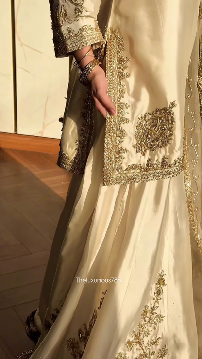 Ivory Satin Ethnic Set with Gold Floral Zari Embroidery