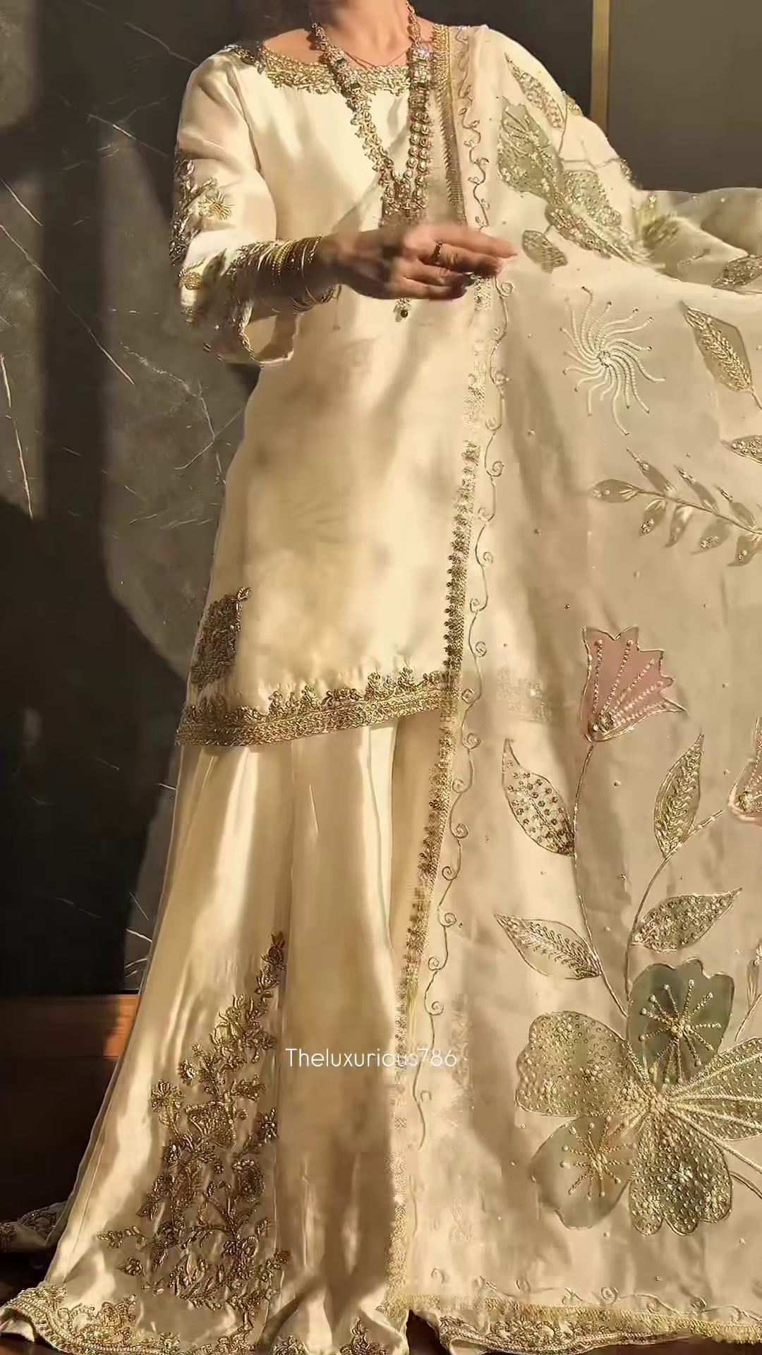 Ivory Satin Ethnic Set with Gold Floral Zari Embroidery