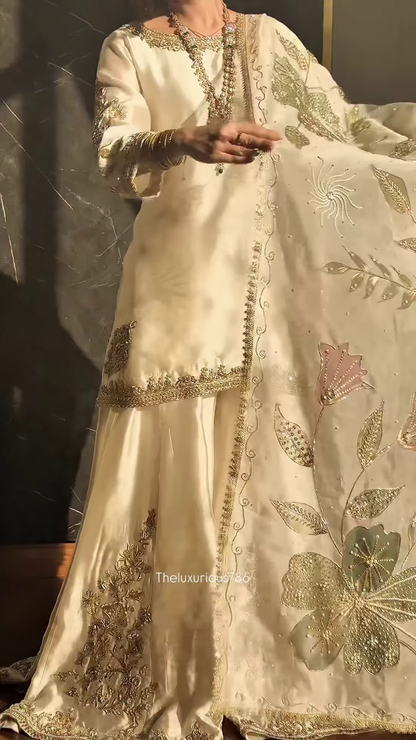 Ivory Satin Ethnic Set with Gold Floral Zari Embroidery
