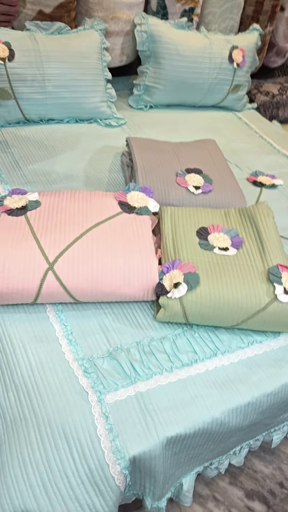 Mint Green Quilted Bedding Set with 3D Floral Appliques