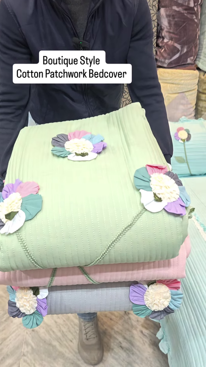 Mint Green Quilted Bedding Set with 3D Floral Appliques