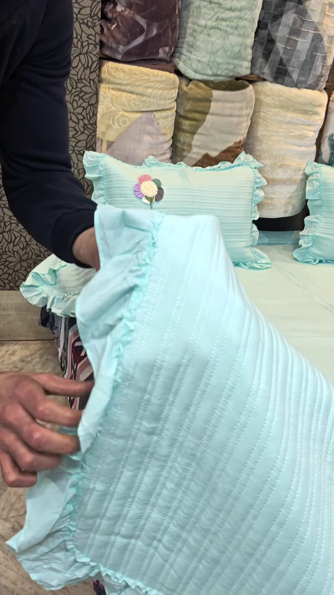 Mint Green Quilted Bedding Set with 3D Floral Appliques