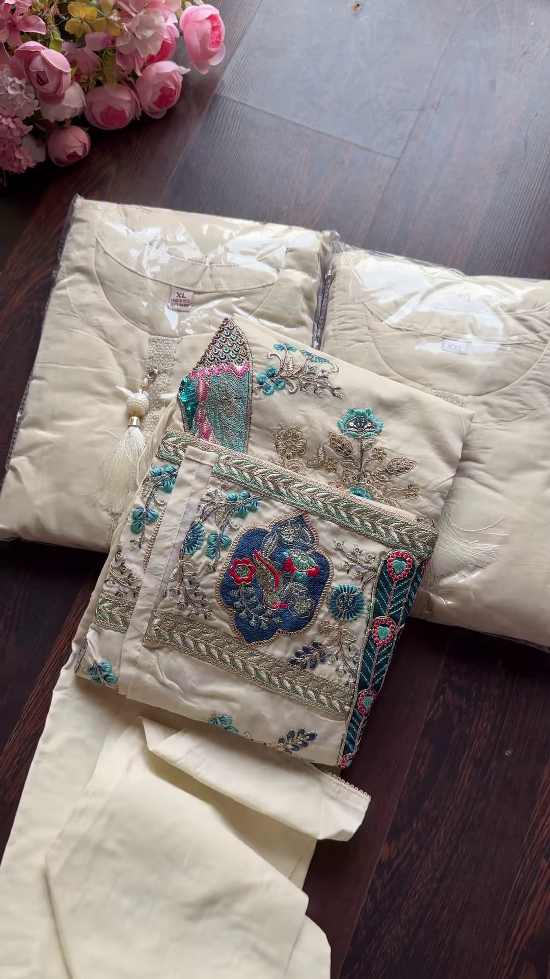 Ivory Ethnic Suit with Majestic Teal Peacock Embroidery