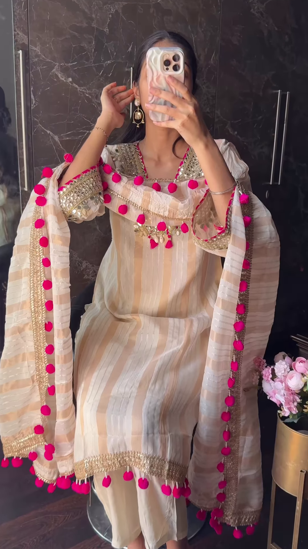 Pastel Striped Silk Suit with Pink Pom-Pom and Mirror Embellishments