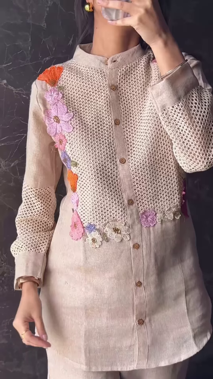 Natural Linen High-Neck Tunic with Floral Crochet and Lace Detail