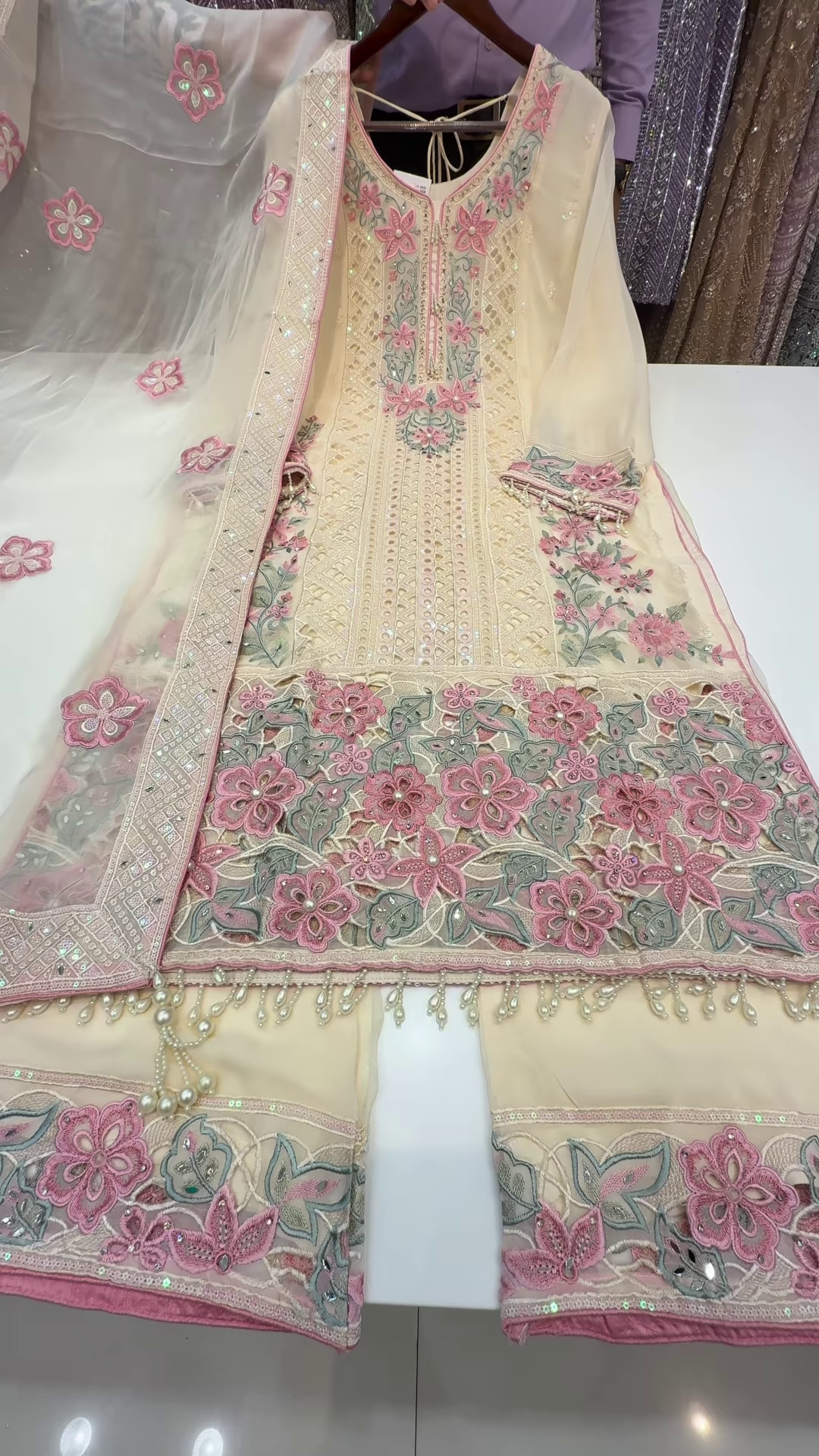 Cream Chiffon Suit with Pink and Sage Floral Cutwork