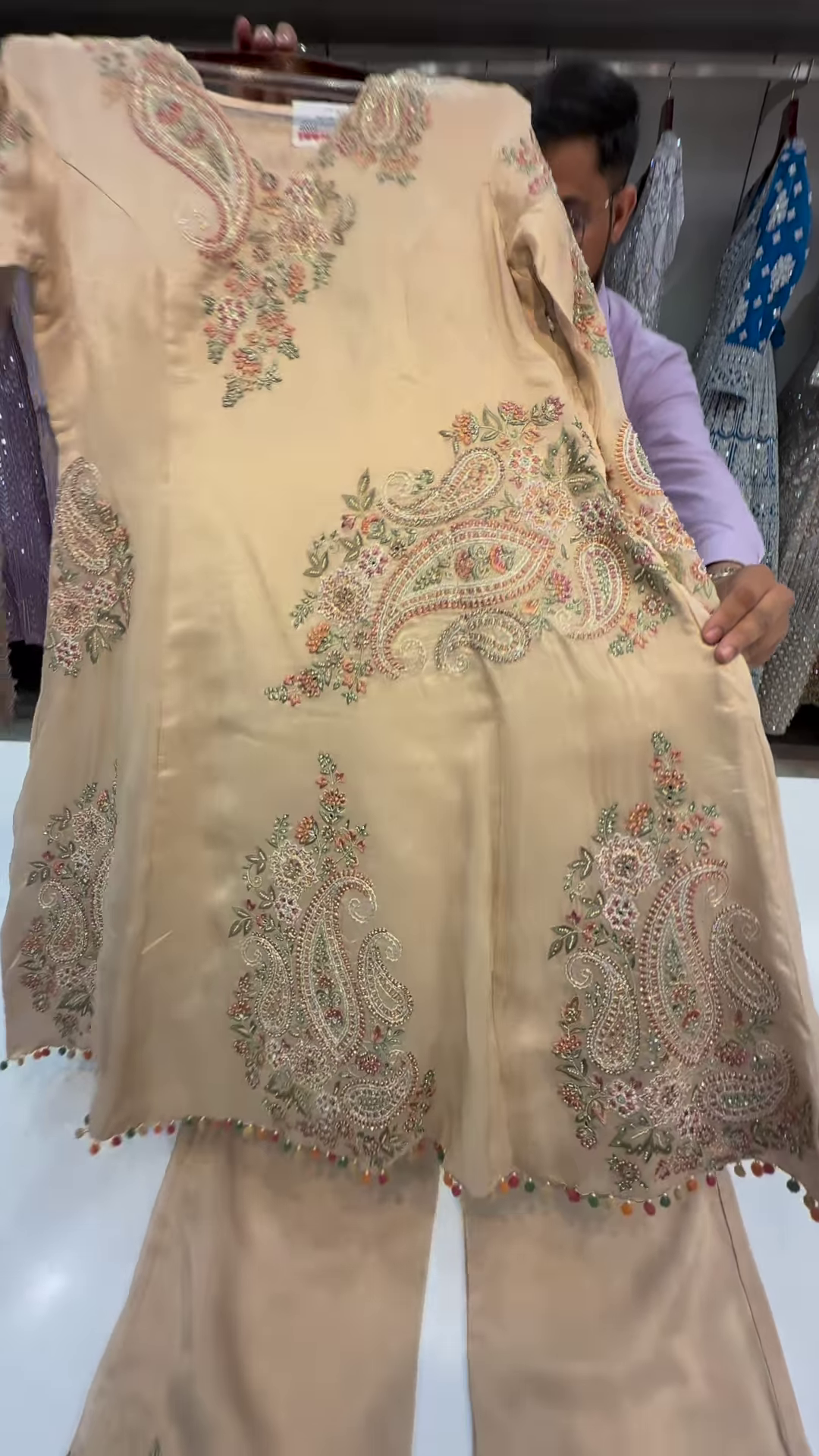Champagne Gold Silk Kurta with Multicolored Paisley Embroidery