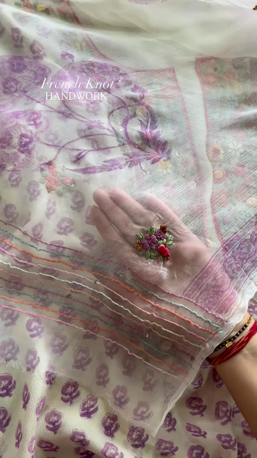 Handcrafted French Knot Floral Embroidery on Printed Chiffon