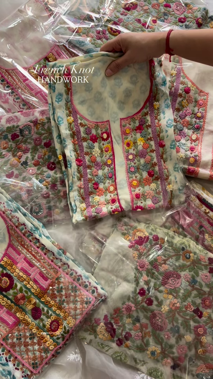 Handcrafted French Knot Floral Embroidery on Printed Chiffon