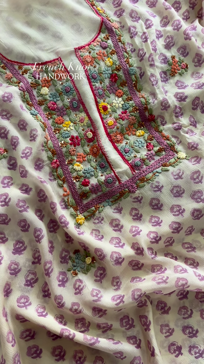 Handcrafted French Knot Floral Embroidery on Printed Chiffon