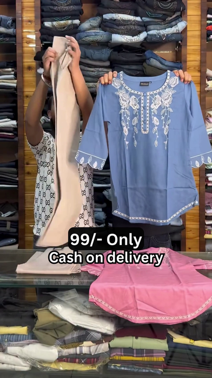 Pink Cotton Tunic with White Chikankari-Style Embroidery