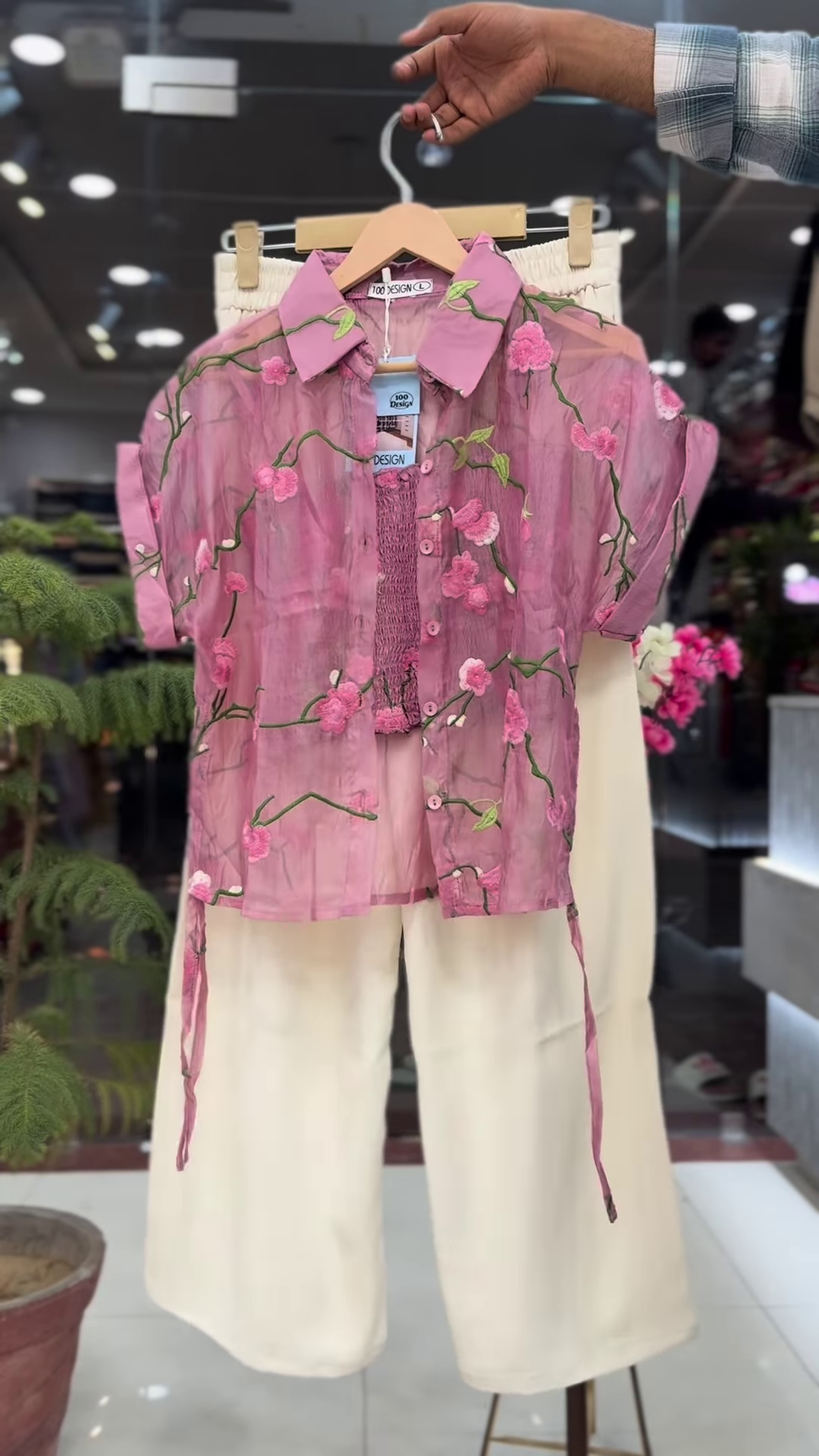 Sheer Pink Floral Embroidered Shirt with White Wide-Leg Trousers
