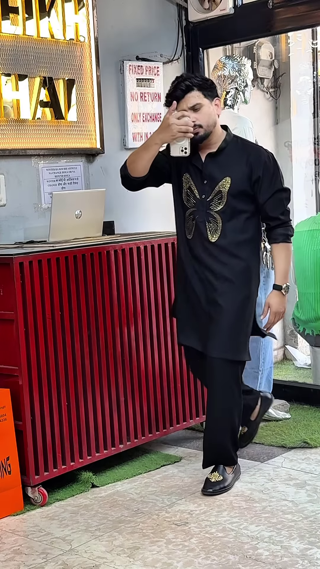 Men’s Black Modern Pathani Suit with Golden Butterfly Embroidery