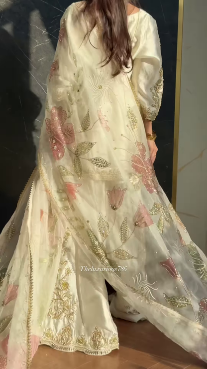 Ivory Satin Ethnic Set with Pastel Floral Zari Embroidery