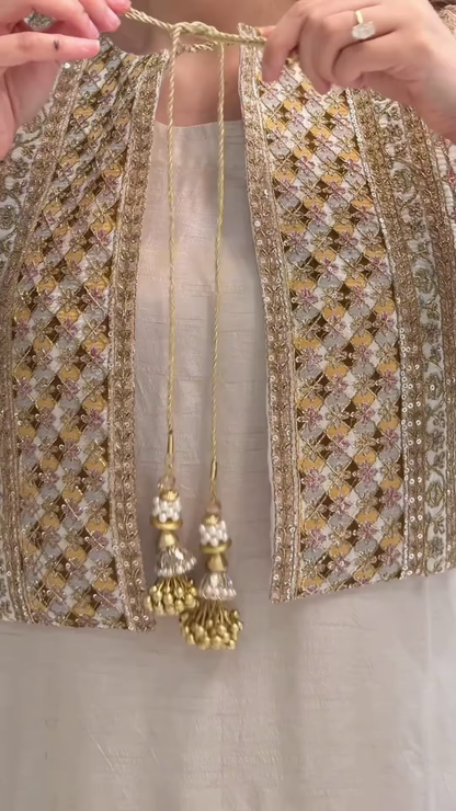 Sage Grey Ethnic Suit with Heavily Embroidered Golden Jacket