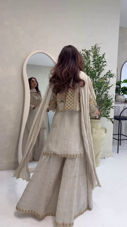 Sage Grey Ethnic Suit with Heavily Embroidered Golden Jacket