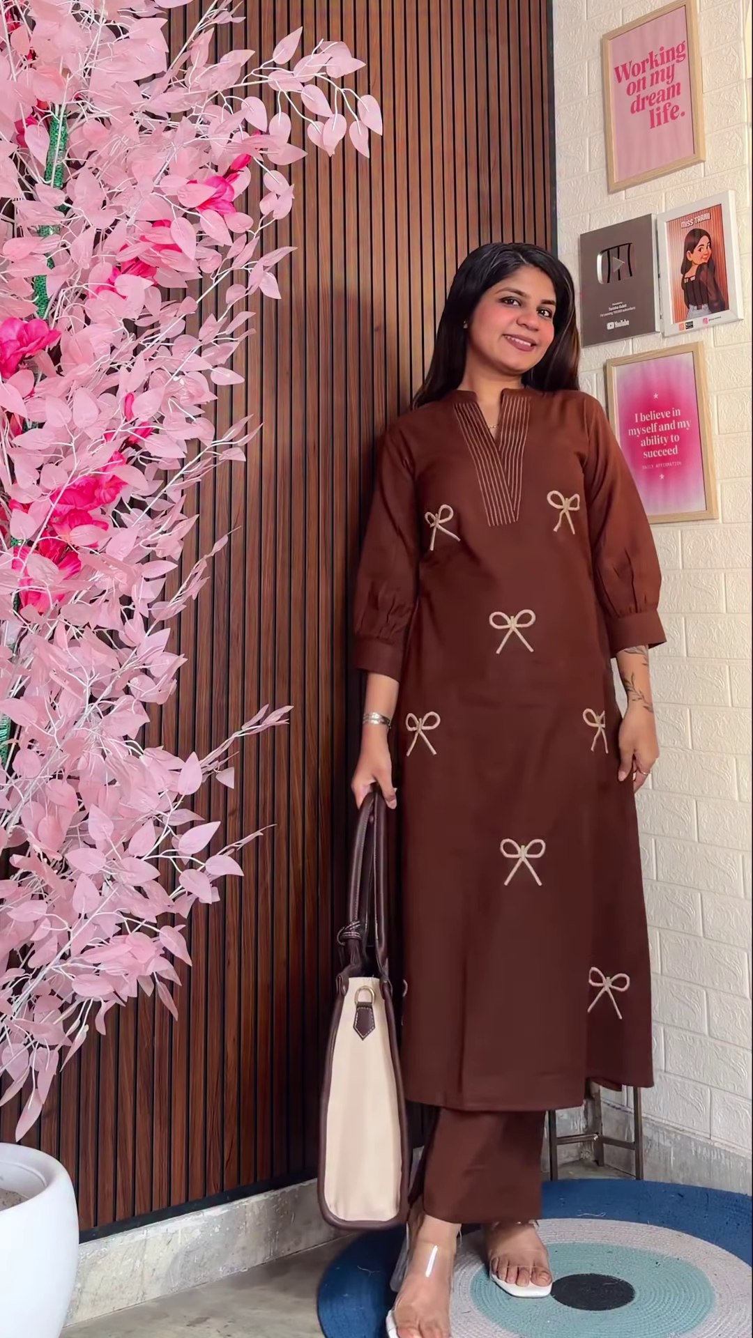 Chocolate Brown Tunic Set with Cream Bow Embroidery