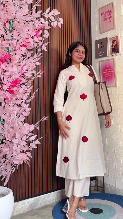 Chocolate Brown Tunic Set with Cream Bow Embroidery
