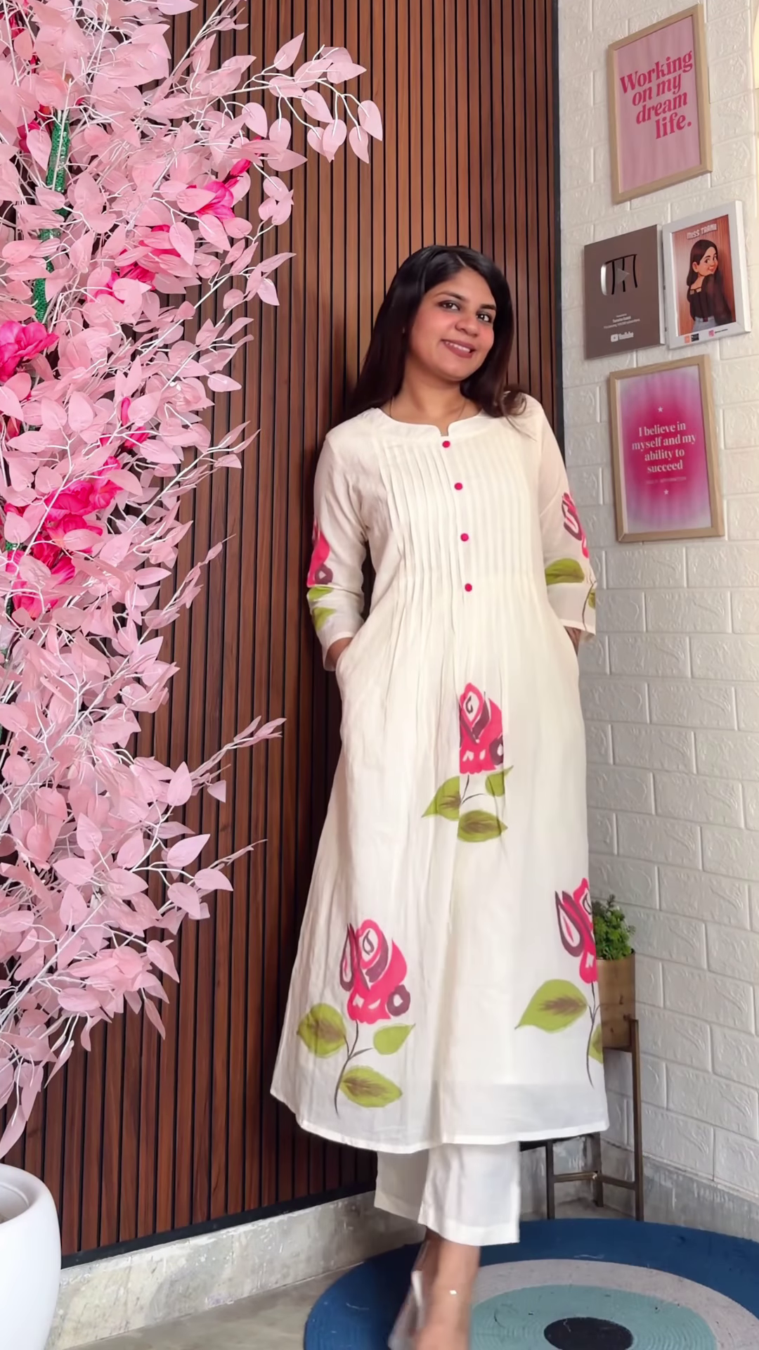 Chocolate Brown Tunic Set with Cream Bow Embroidery