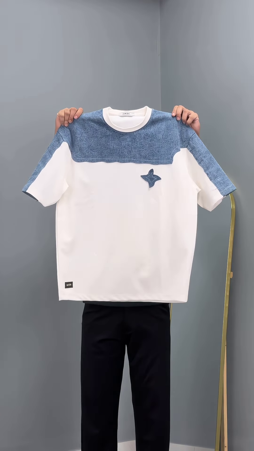 Men’s White and Blue Color-Block T-Shirt with Star Detail