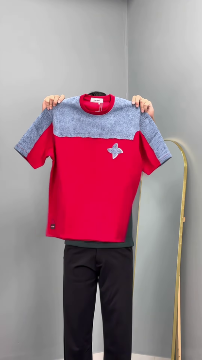 Men’s White and Blue Color-Block T-Shirt with Star Detail