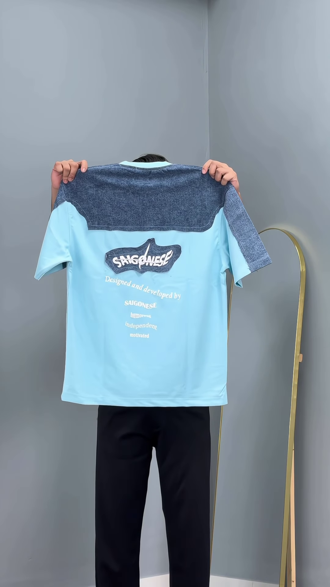 Men’s White and Blue Color-Block T-Shirt with Star Detail