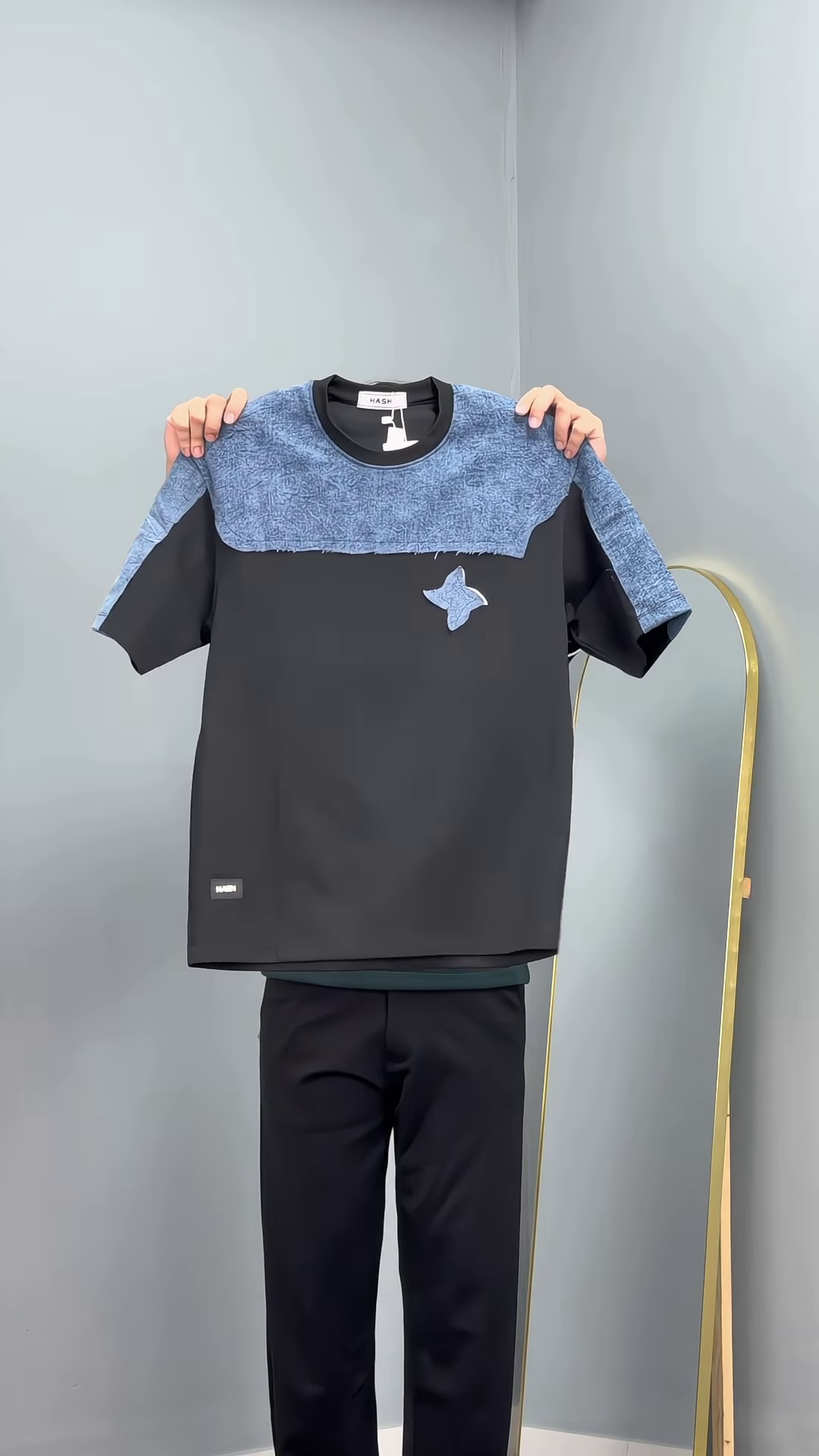 Men’s White and Blue Color-Block T-Shirt with Star Detail