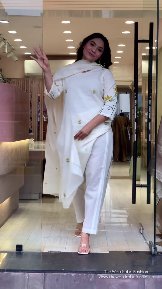 Ivory Silk Suit with Subtle Yellow Floral Embroidery