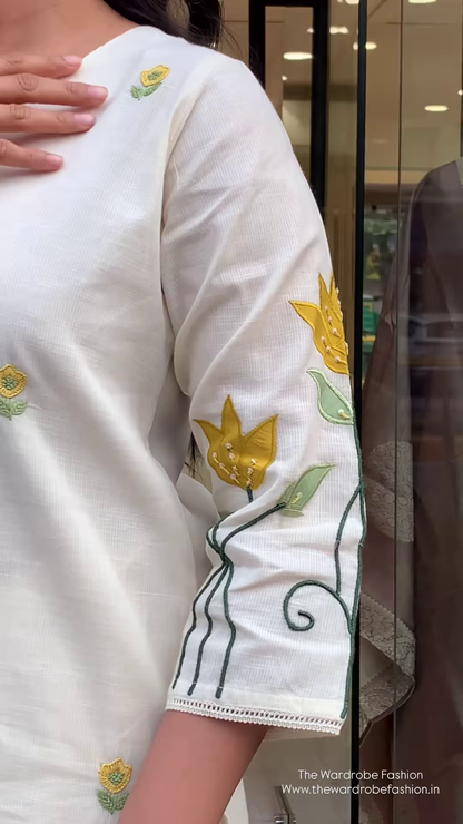 Ivory Silk Suit with Subtle Yellow Floral Embroidery
