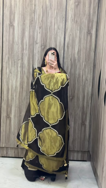 Olive Green Silk Gharara Set with Black Scalloped Dupatta