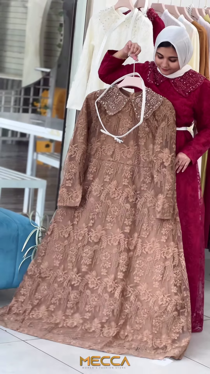 Tan Floral Lace Maxi Gown with Embellished Peter Pan Collar