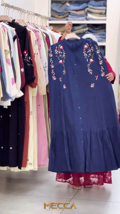 Black Tiered Ethnic Dress with Red Rose Embroidery and Tassels
