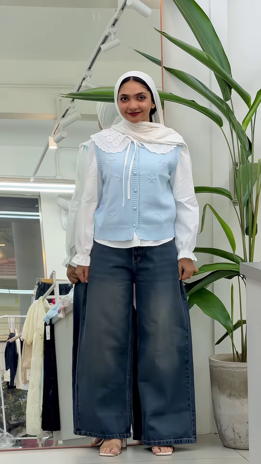 Sky Blue Knitted Vest and White Ruffled Blouse with Wide-Leg Denim