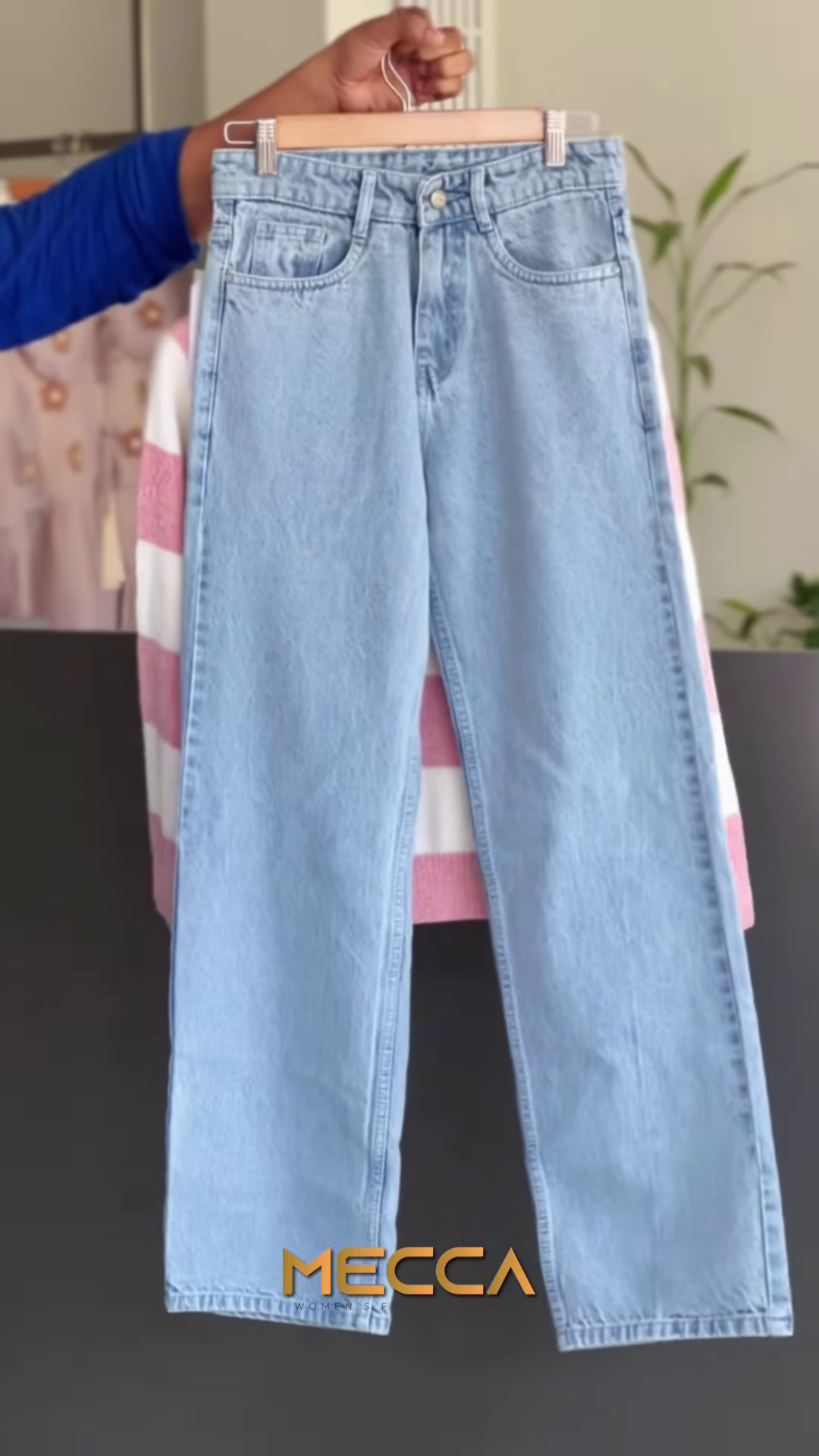 Pink and White Striped Raglan Sweater with Light-Wash Denim